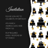 svart elegant födelsedag inbjudan design med kakor vektor