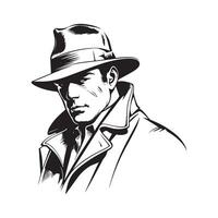 Detektiv Design Kunst, Symbole, und Grafik. Mann mit Hut auf Weiß Hintergrund vektor