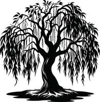 ein schwarz und Weiß Silhouette von ein Weide Baum vektor