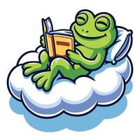 tecknad serie groda åtnjuter läsning en bok medan Sammanträde på en fluffig moln. illustratör. vektor
