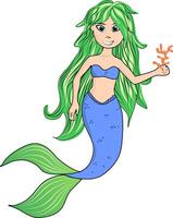 sjöjungfru karaktär med grön hår innehar korall i henne hand och ler vektor