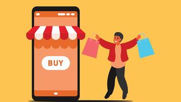 online Einkaufen mit online Geschäft im ein Handy, Mobiltelefon App mit Kaufen Taste abstrakt Illustration vektor