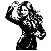 schwarz und Weiß Illustration von ein Frau im Geschäft passen ist Tanzen und zittern im ein erfolgreich Pose vektor