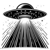 svart och vit illustration av ett UFO flygande fat vektor