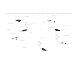 Fische Schule Schwimmen unter Wasser schwarz und Weiß Karikatur eben Illustration. Meer Tiere Leben 2d lineart Persönlichkeiten isoliert auf Weiß Hintergrund. Marine Kreaturen einfarbig Szene Gliederung Bild vektor