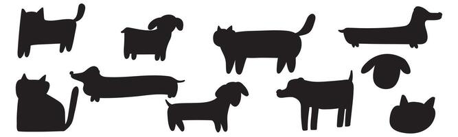 Silhouetten von Hunde und Katzen. isoliert Symbole. schwarz Farbe. Hand gezeichnet Abbildungen auf Weiß Hintergrund. vektor