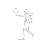Geschäftsfrau halten ein Licht Birne. einfach Hand gezeichnet kontinuierlich Linie Zeichnung zum Geschäft Illustration und Konzept Design vektor