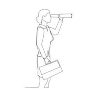 affärskvinna med portfölj och teleskop. strategisk i ser för möjlighet i företag begrepp. kontinuerlig linje teckning. illustration design. vektor