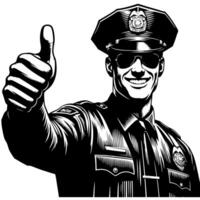 schwarz und Weiß Illustration von ein Polizei Offizier Wer ist zeigen das Daumen oben Zeichen vektor