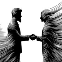 schwarz und Weiß Illustration von ein Handschlag zwischen zwei Geschäft Männer im Anzüge vektor