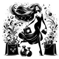 schwarz und Weiß Illustration von ein Glücklich luxuriös Einkaufen Dame mit Taschen und Diamanten und Parfum vektor