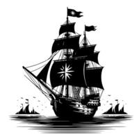 svart och vit illustration av pirat fartyg vektor