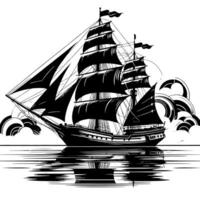 schwarz und Weiß Illustration von ein traditionell alt Segeln Schiff vektor