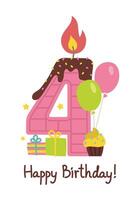 Lycklig födelsedag. ljus siffra, gåvor, cupcake, ballonger. fyra. illustration isolerat på vit vektor