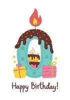 Lycklig födelsedag. ljus siffra, gåvor, kaka, stjärna. noll. illustration isolerat på vit vektor