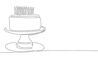 kaka med ljus ett linje kontinuerlig. linje konst Lycklig födelsedag kaka. hand dragen konst. vektor