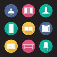 kök inredning platt design lång skugga ikoner set. taklampa, skåp, köksfläkt, kyl, köksbänk, spis, mikrovågsugn, klassiskt bord och stol. vektor symboler