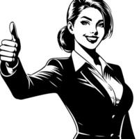 svart och vit illustration av en kvinna i företag kostym är som visar de tummen upp tecken vektor
