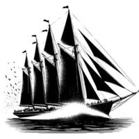 schwarz und Weiß Illustration von ein traditionell alt Segeln Schiff vektor