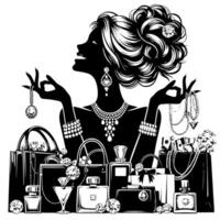 schwarz und Weiß Illustration von ein Glücklich luxuriös Einkaufen Dame mit Taschen und Diamanten und Parfum vektor