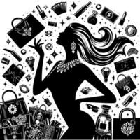 schwarz und Weiß Illustration von ein Glücklich luxuriös Einkaufen Dame mit Taschen und Diamanten und Parfum vektor