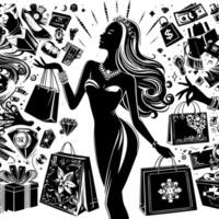 schwarz und Weiß Illustration von ein Glücklich luxuriös Einkaufen Dame mit Taschen und Diamanten und Parfum vektor