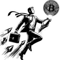 schwarz und Weiß Illustration von ein erfolgreich Geschäft Mann mit Bitcoins Geld Autos und Luxus vektor
