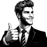svart och vit illustration av en man i företag kostym är som visar de tummen upp tecken vektor
