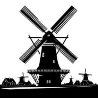 svart och vit illustration av en traditionell gammal väderkvarn i holland vektor
