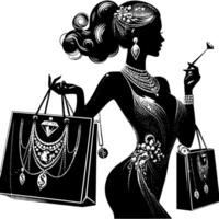 svart och vit illustration av en tur- lyxig handla lady med påsar och ruter och parfum vektor