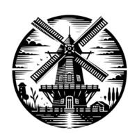 schwarz und Weiß Illustration von ein traditionell alt Windmühle im Holland vektor