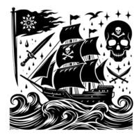 svart och vit illustration av pirat fartyg vektor