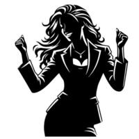 svart och vit illustration av en kvinna i företag kostym är dans och skakning i en framgångsrik utgör vektor