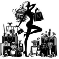 schwarz und Weiß Illustration von ein Glücklich luxuriös Einkaufen Dame mit Taschen und Diamanten und Parfum vektor