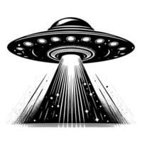 svart och vit illustration av ett UFO flygande fat vektor