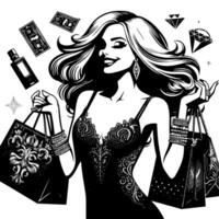 schwarz und Weiß Illustration von ein Glücklich luxuriös Einkaufen Dame mit Taschen und Diamanten und Parfum vektor