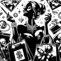 schwarz und Weiß Illustration von ein Glücklich luxuriös Einkaufen Dame mit Taschen und Diamanten und Parfum vektor