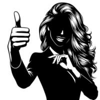 svart och vit illustration av en kvinna i företag kostym är som visar de tummen upp tecken vektor