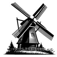 schwarz und Weiß Illustration von ein traditionell alt Windmühle im Holland vektor