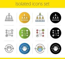 Geschäftskonzepte Icons Set. flaches Design, lineare, schwarze und farbige Stile. Unternehmenshierarchie, Problemlösung, Personalfluktuation. isolierte vektorillustrationen vektor