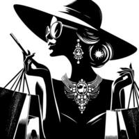 schwarz und Weiß Illustration von ein Glücklich luxuriös Einkaufen Dame mit Taschen und Diamanten und Parfum vektor