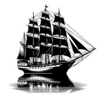 schwarz und Weiß Illustration von ein traditionell alt Segeln Schiff vektor