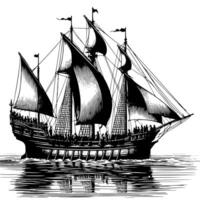 schwarz und Weiß Illustration von ein traditionell alt Segeln Schiff vektor