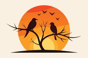 minimalistisch Illustration silhouettiert zwei Vögel auf Ast beim Sonnenuntergang vektor