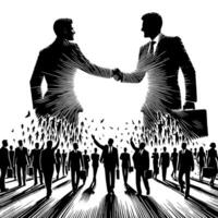 svart och vit illustration av en handslag mellan två företag män i kostymer vektor