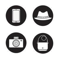 Herren Accessoires Icons Set. Smartphone, Fotokamera, Herren-Homurg-Hut und Lederhandtasche. Reisezubehör. weiße Vektorgrafiken in schwarzen Kreisen vektor