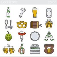 Bierfarbe Icons Set. Bar und Kneipe isolierte Vektorgrafiken. Schaumbierglas, Flasche, Dose, Becher, Fass, Kiste, Zapfhahn, Verschluss, Flaschenöffner. Wurst auf Gabel, Brezel, Roggen, Hopfen und Holzbar vektor