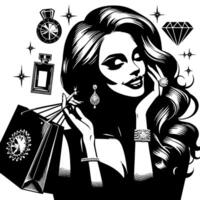 schwarz und Weiß Illustration von ein Glücklich luxuriös Einkaufen Dame mit Taschen und Diamanten und Parfum vektor