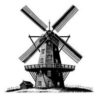 schwarz und Weiß Illustration von ein traditionell alt Windmühle im Holland vektor