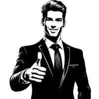 schwarz und Weiß Illustration von ein Mann im Geschäft passen ist zeigen das Daumen oben Zeichen vektor
